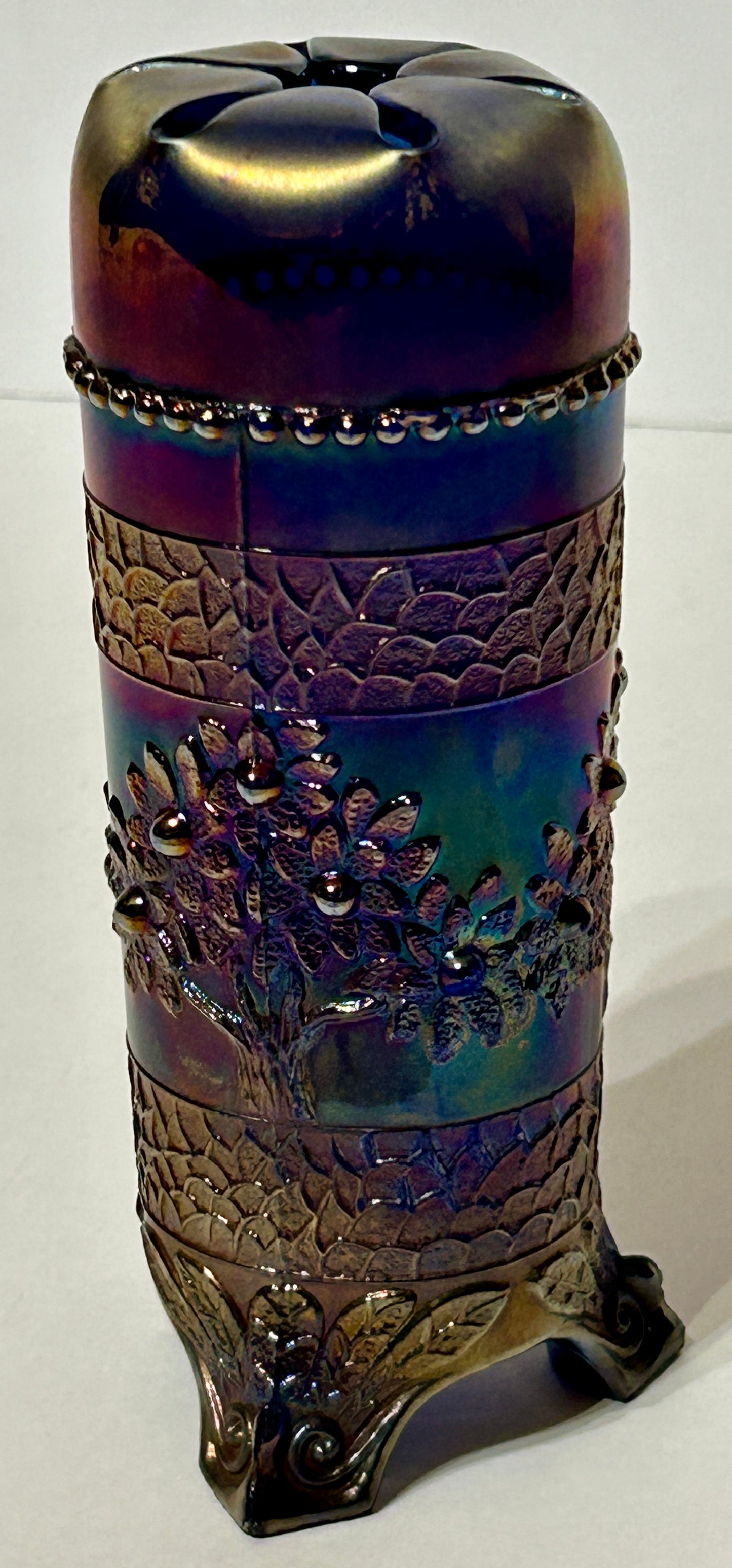 CARNIVAL GLASS ORANGE TREE PATTERN BLUE HAT PIN HOLDER