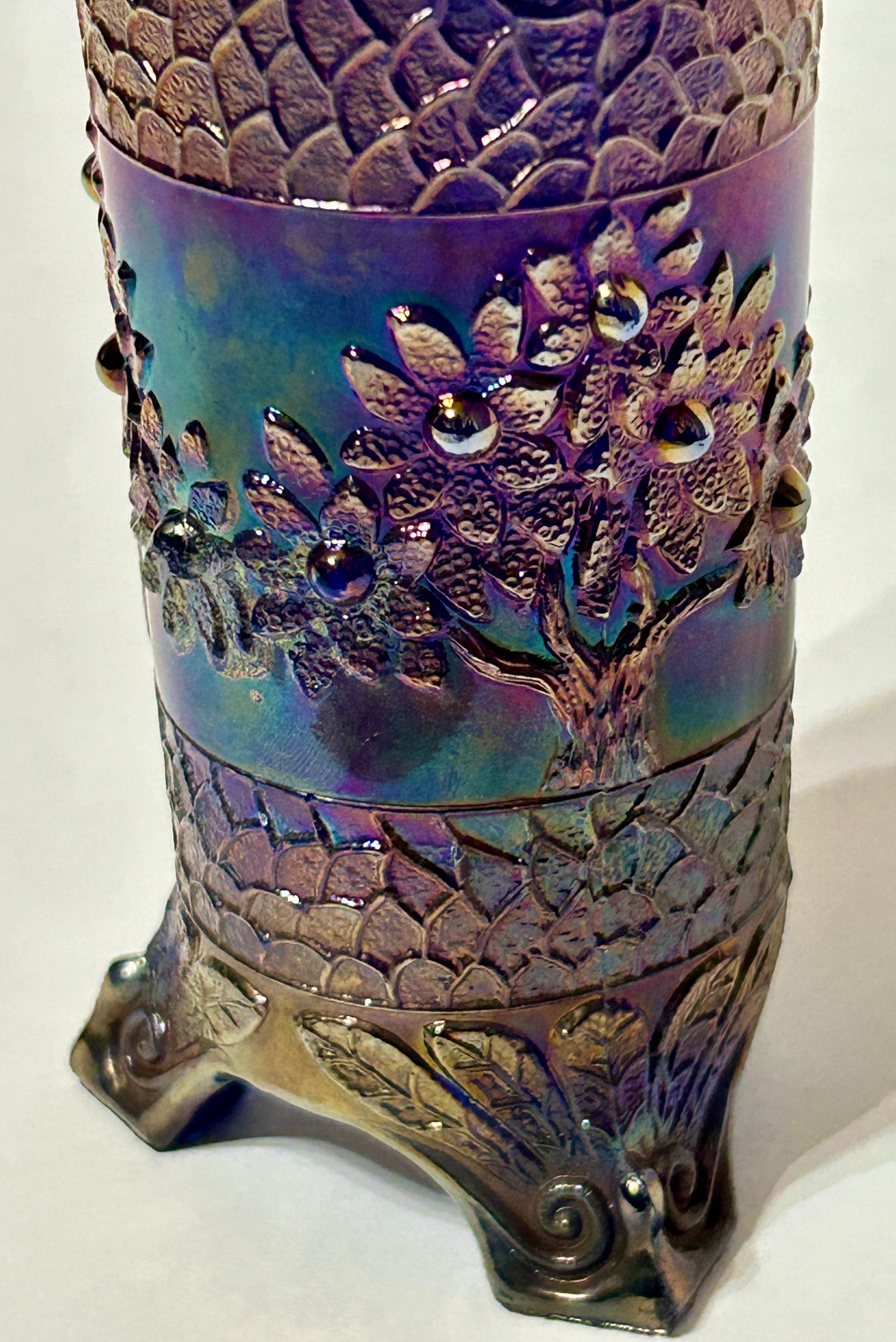 CARNIVAL GLASS ORANGE TREE PATTERN BLUE HAT PIN HOLDER