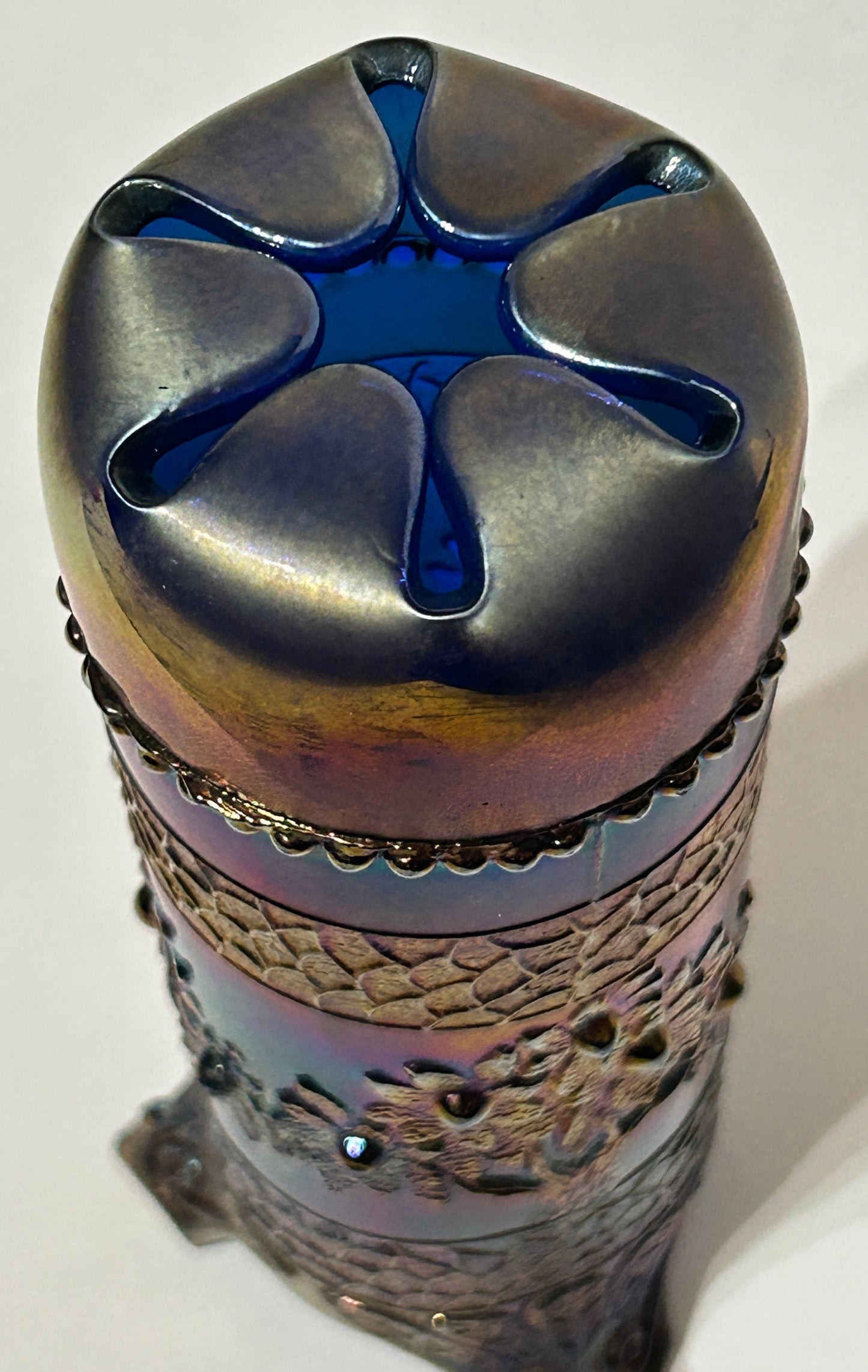 CARNIVAL GLASS ORANGE TREE PATTERN BLUE HAT PIN HOLDER