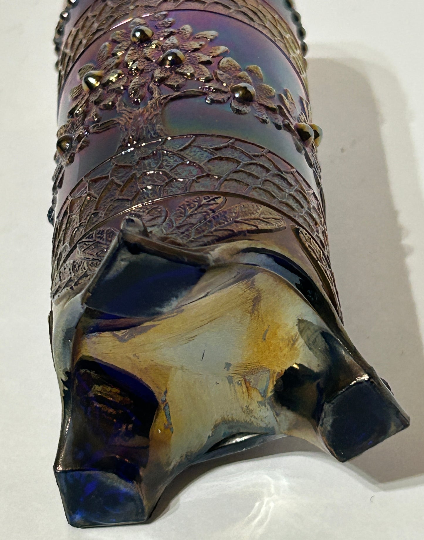 CARNIVAL GLASS ORANGE TREE PATTERN BLUE HAT PIN HOLDER