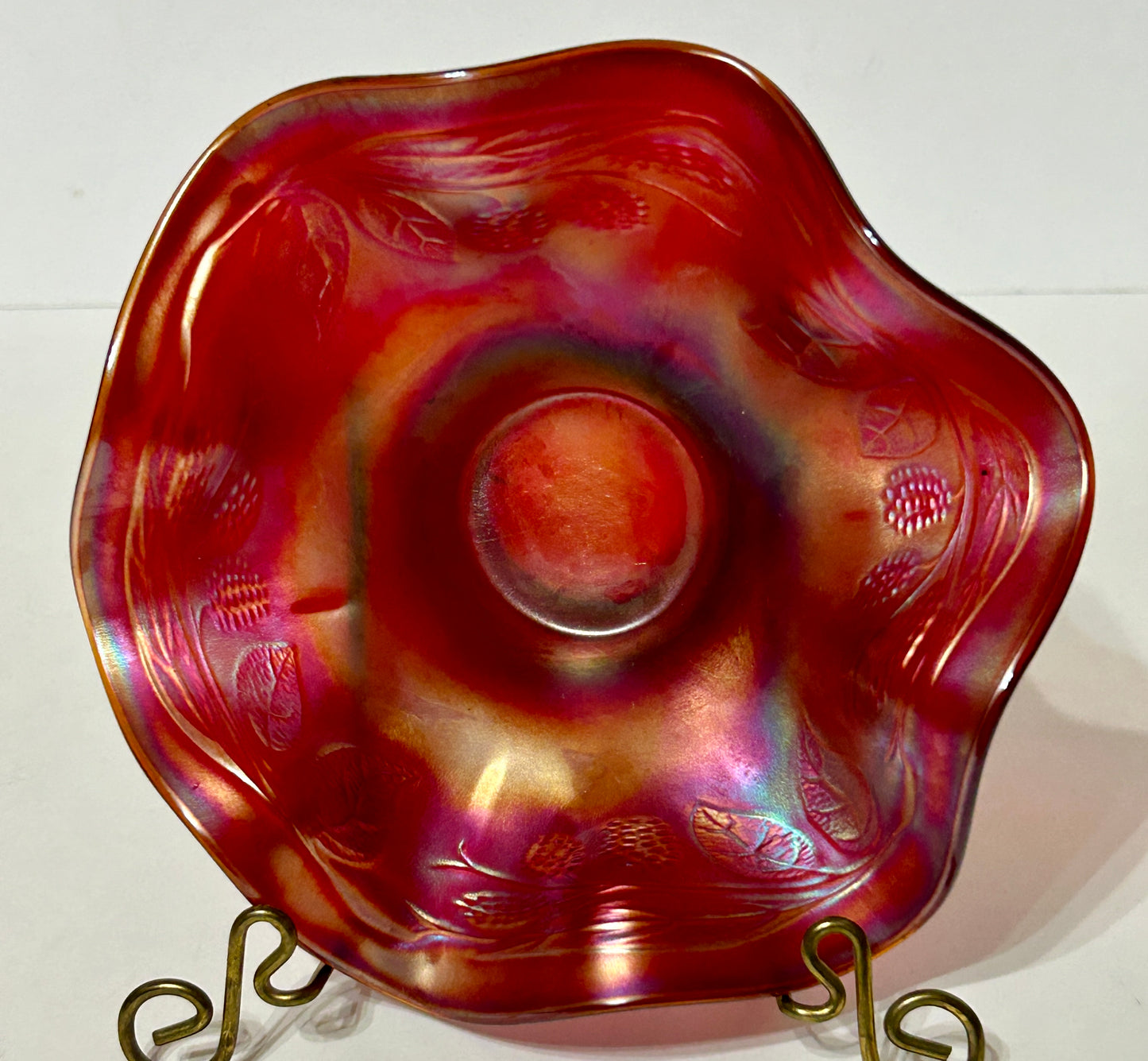 CARNIVAL GLASS RED BLACKBERRY SPRAY DISH