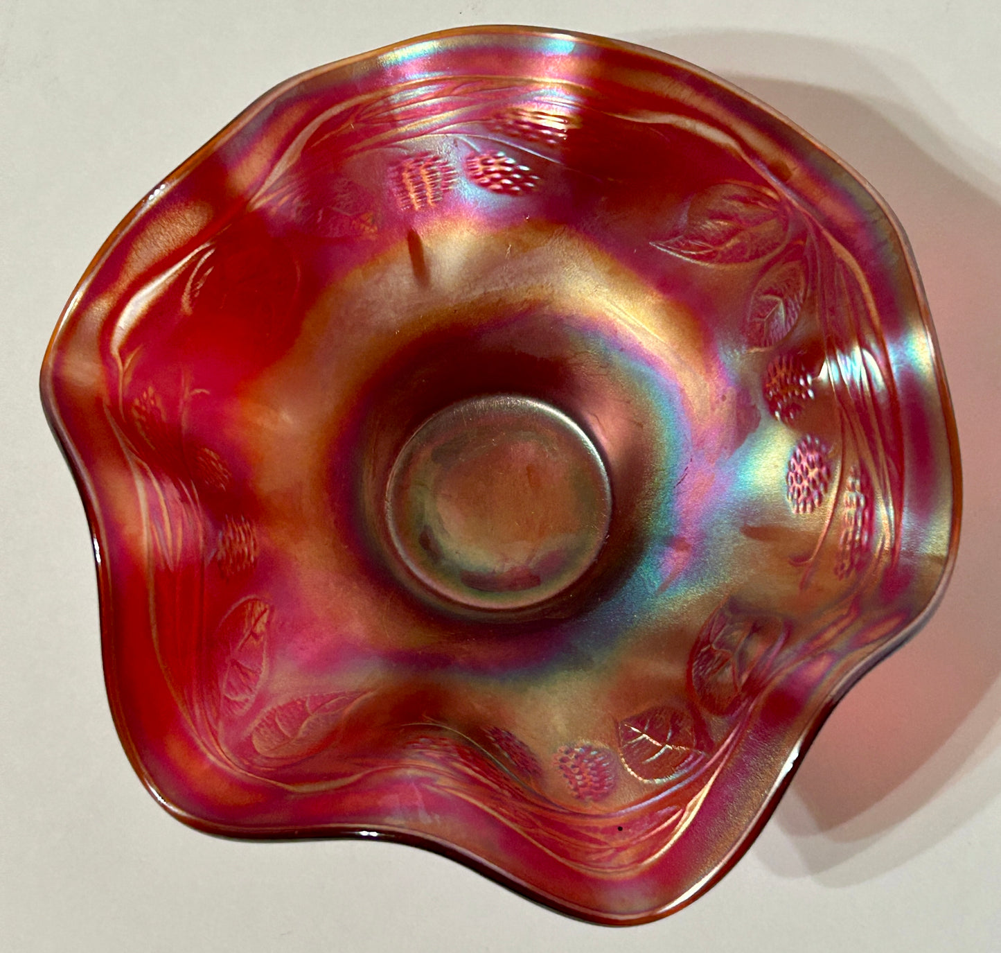 CARNIVAL GLASS RED BLACKBERRY SPRAY DISH