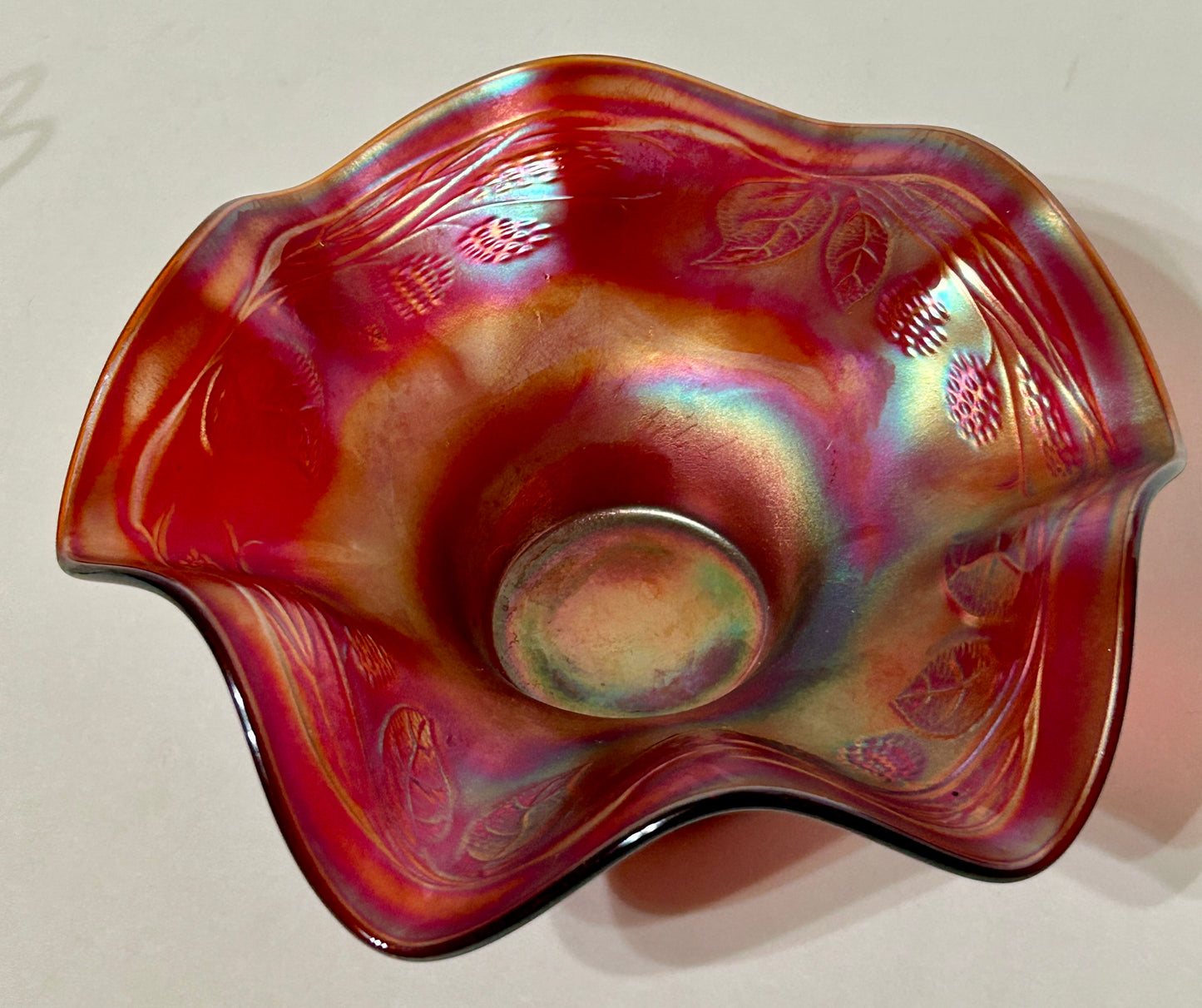 CARNIVAL GLASS RED BLACKBERRY SPRAY DISH