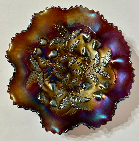 CARNIVAL GLASS PURPLE STRAWBERRY PATTERN BOWL BY NORTHWOOD