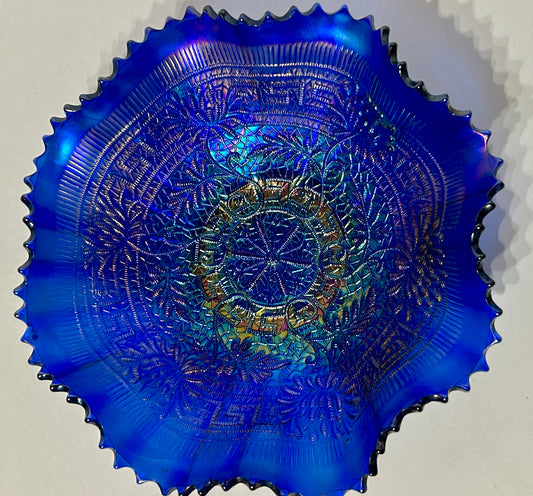 CARNIVAL GLASS EMBROIDERED MUMS NORTHWOOD BLUE BOWL