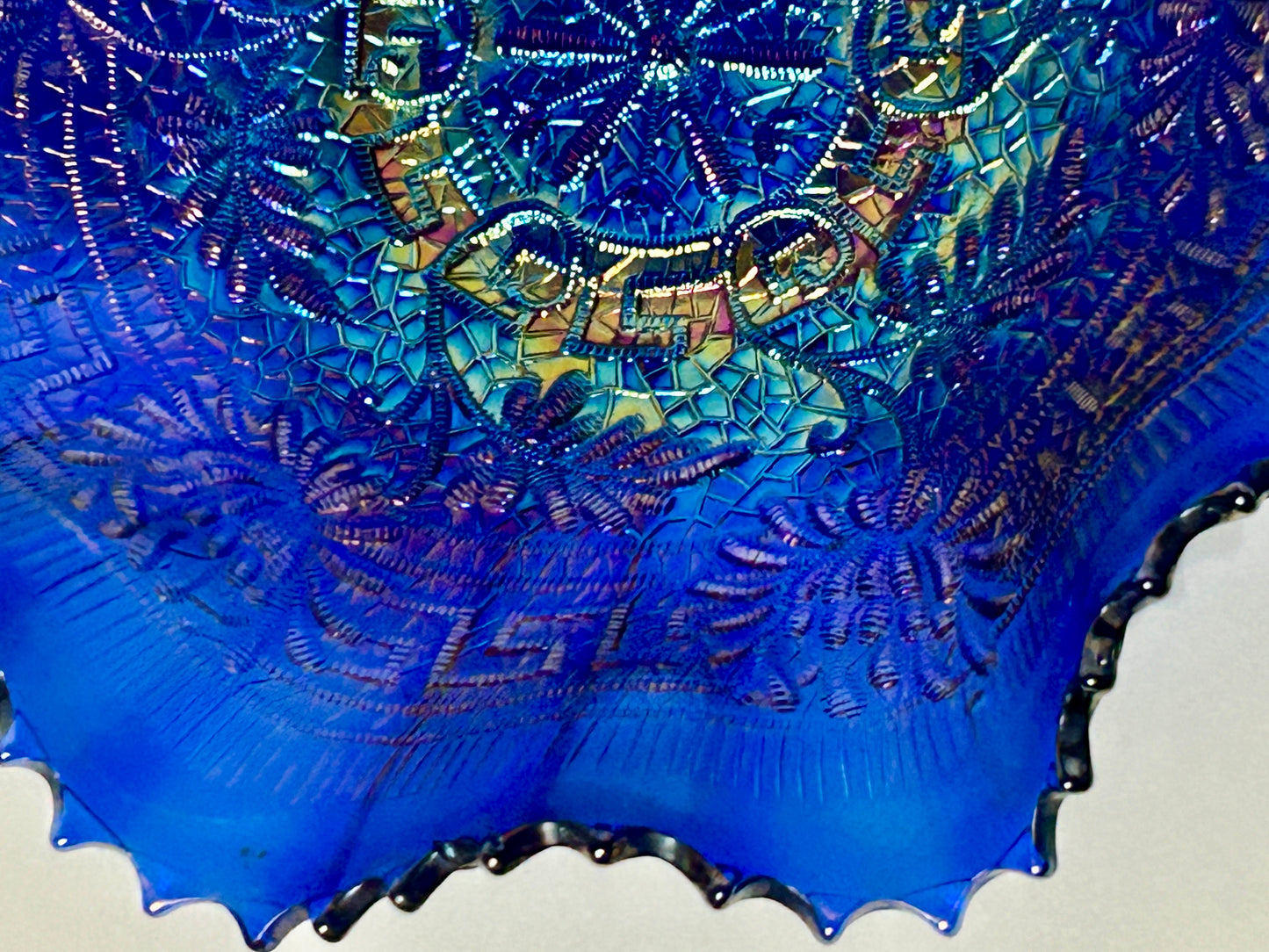 CARNIVAL GLASS EMBROIDERED MUMS NORTHWOOD BLUE BOWL