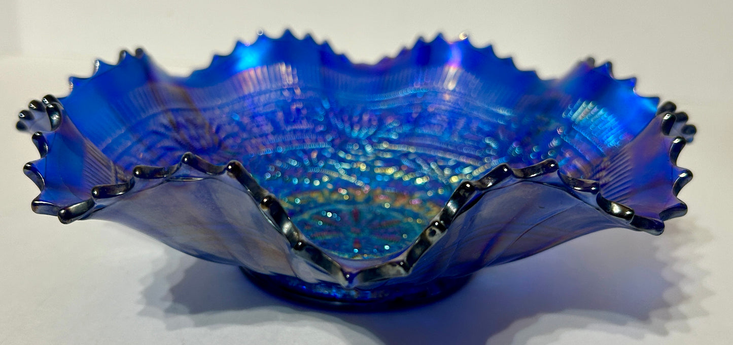 CARNIVAL GLASS EMBROIDERED MUMS NORTHWOOD BLUE BOWL