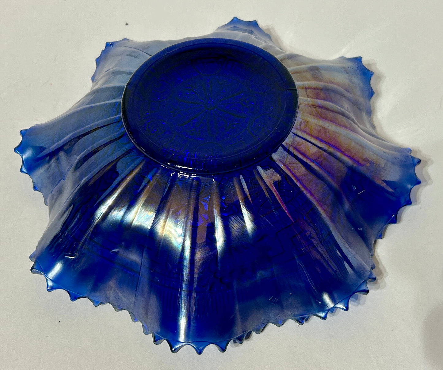 CARNIVAL GLASS EMBROIDERED MUMS NORTHWOOD BLUE BOWL