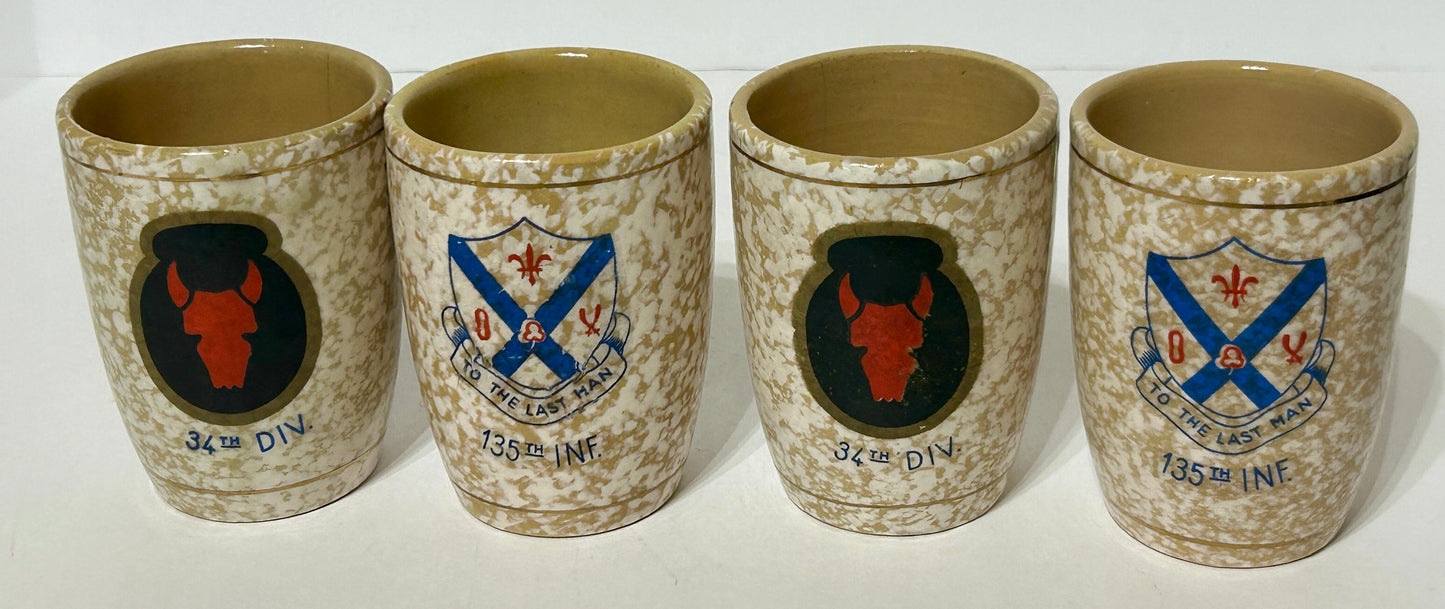 WWII 34TH DIVISION RED BULL 135TH INFANTRY SET OF FOUR CERAMIC TUMBLERS