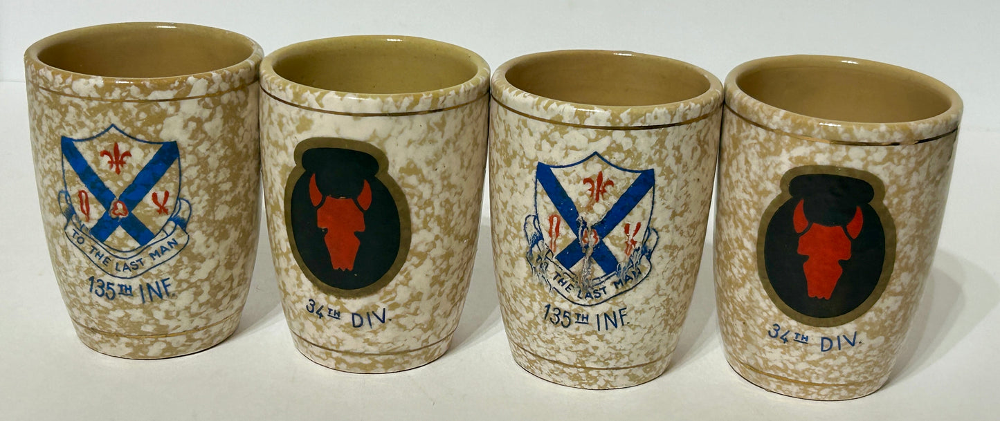 WWII 34TH DIVISION RED BULL 135TH INFANTRY SET OF FOUR CERAMIC TUMBLERS