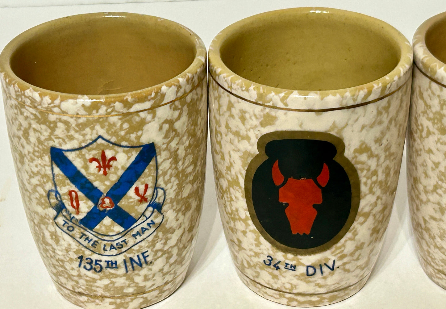 WWII 34TH DIVISION RED BULL 135TH INFANTRY SET OF FOUR CERAMIC TUMBLERS