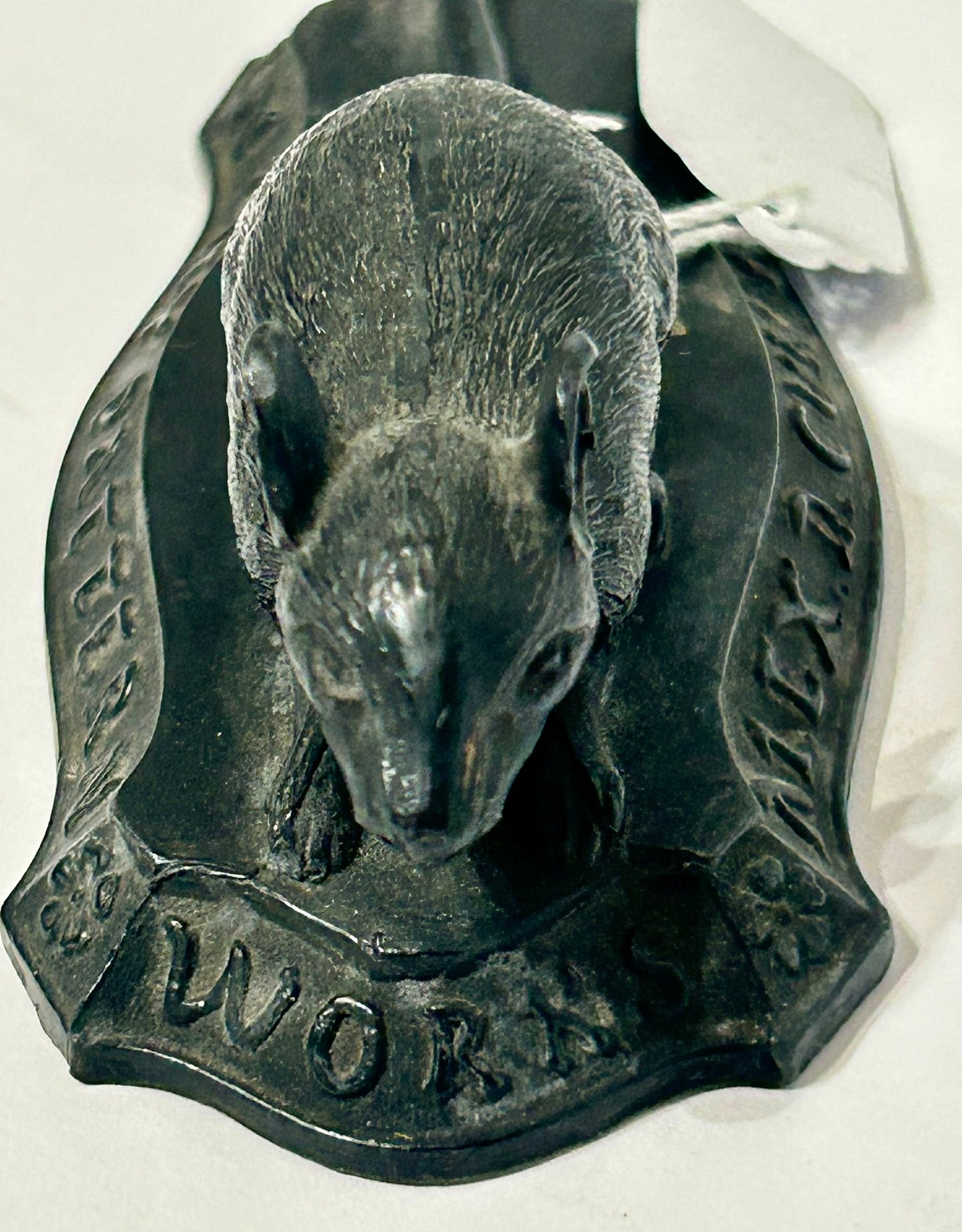 RAT FIGURAL ADVERTISING METAL PAPERWEIGHT FOR QUEEN CITY PATTERN WORKS