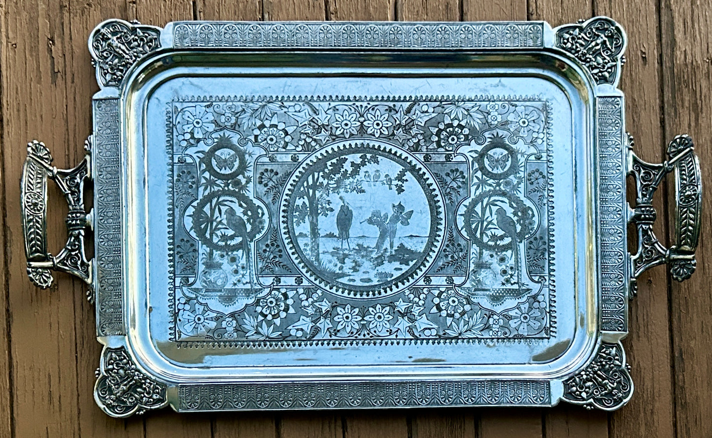 AESTHETIC MOVEMENT VERY LARGE ANTIQUE SILVERPLATE TRAY