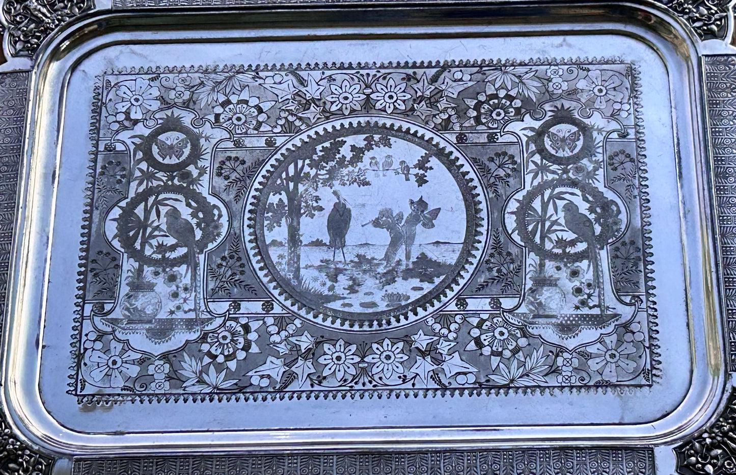 AESTHETIC MOVEMENT VERY LARGE ANTIQUE SILVERPLATE TRAY