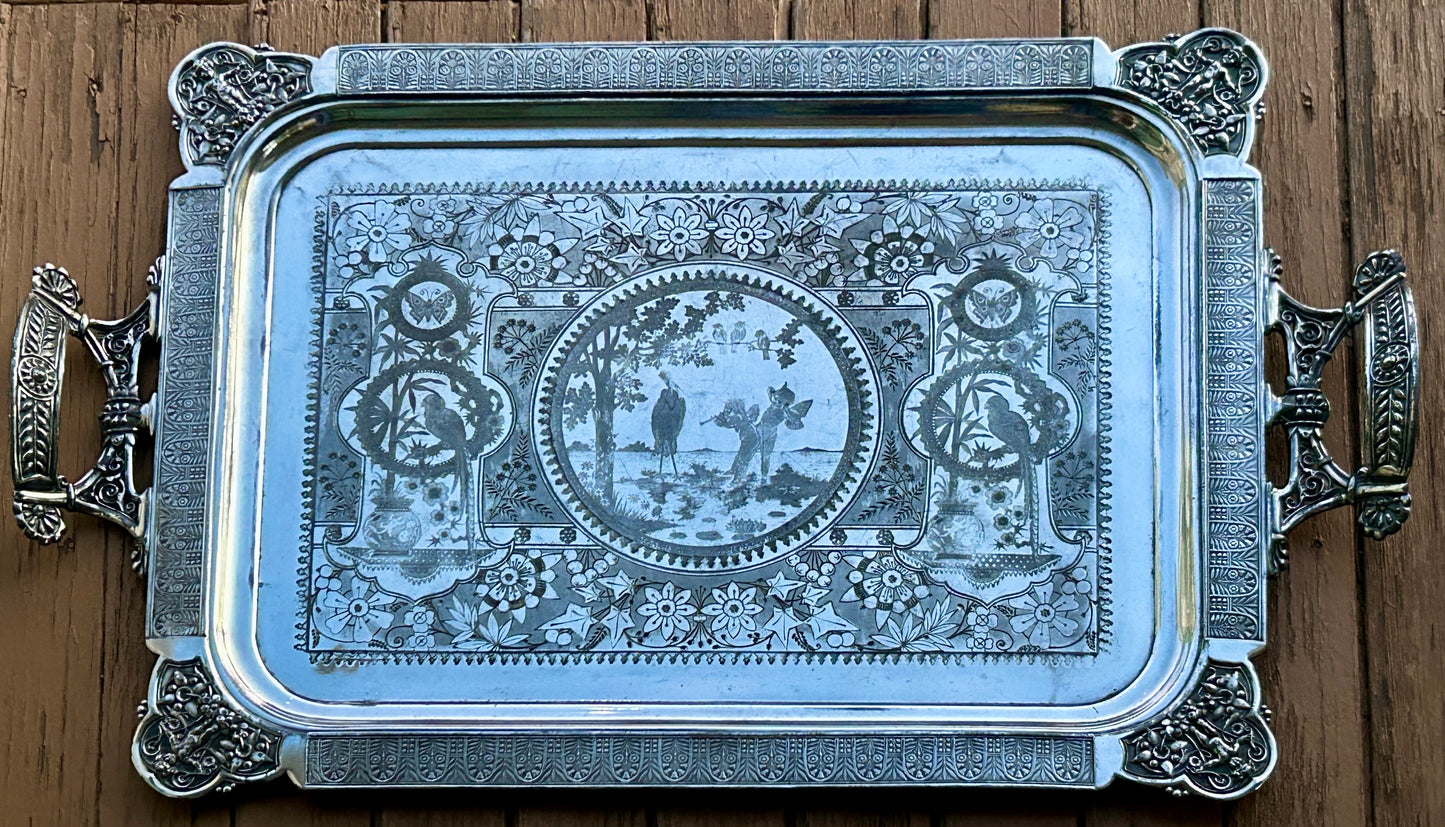 AESTHETIC MOVEMENT VERY LARGE ANTIQUE SILVERPLATE TRAY