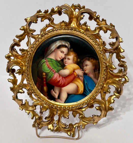 HAND PAINTED PORCELAIN ANTIQUE ITALIAN PORTRAIT PLAQUE IN FANCY FRAME