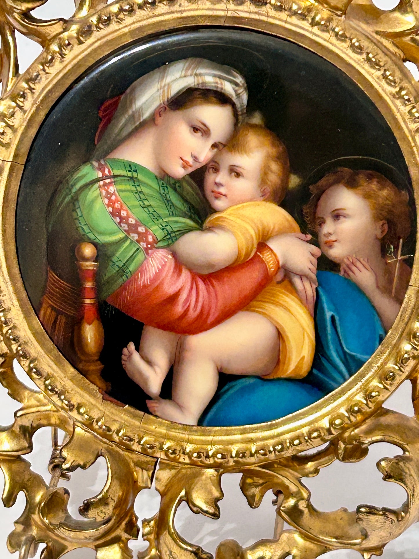 HAND PAINTED PORCELAIN ANTIQUE ITALIAN PORTRAIT PLAQUE IN FANCY FRAME