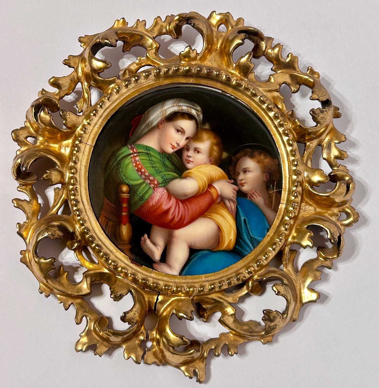 HAND PAINTED PORCELAIN ANTIQUE ITALIAN PORTRAIT PLAQUE IN FANCY FRAME