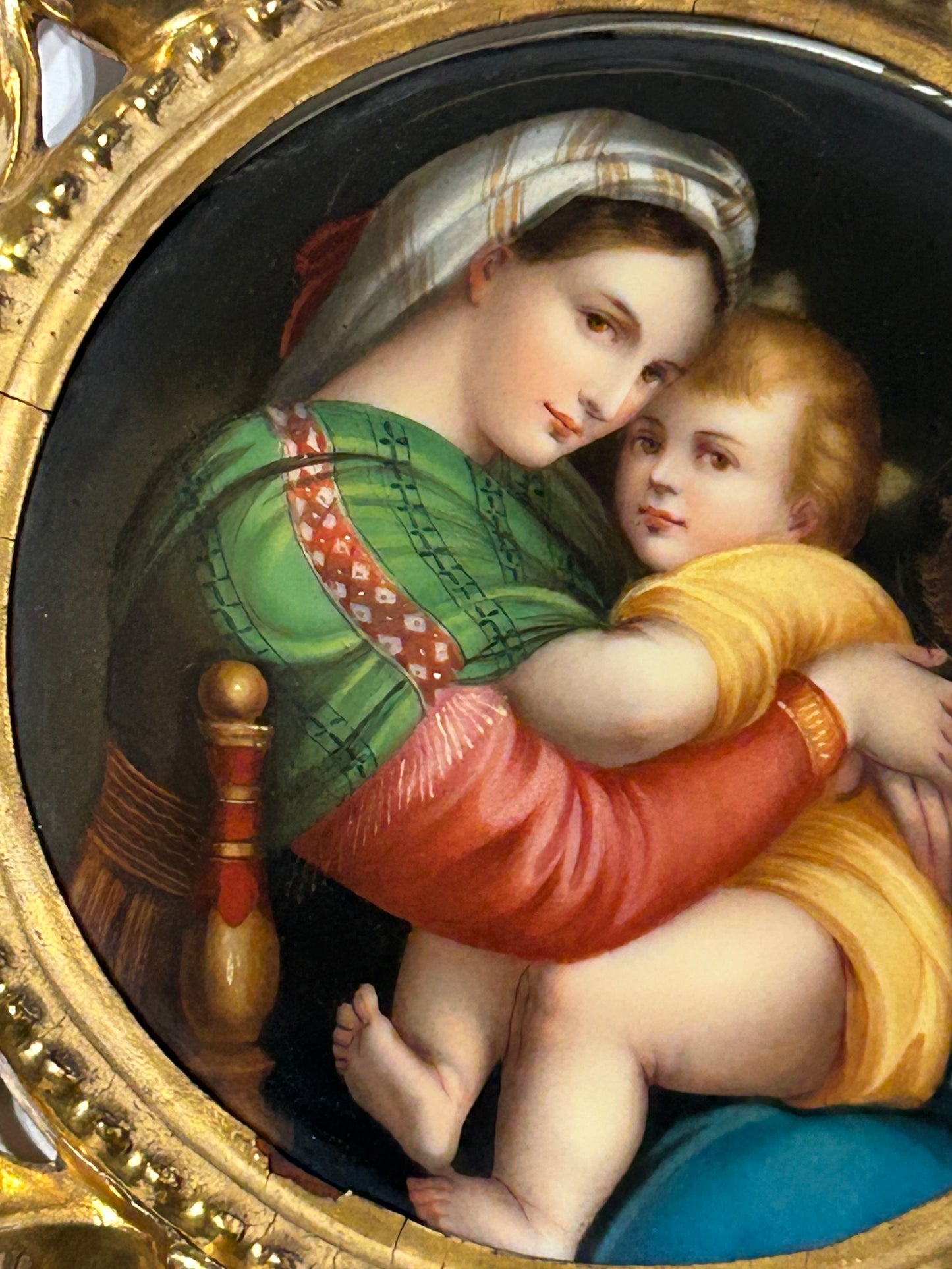 HAND PAINTED PORCELAIN ANTIQUE ITALIAN PORTRAIT PLAQUE IN FANCY FRAME