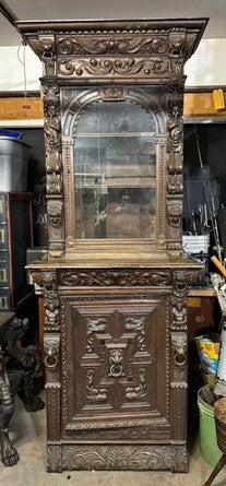 LATE 1800's HEAVILY CARVED GOTHIC DESIGN DARK OAK CABINET