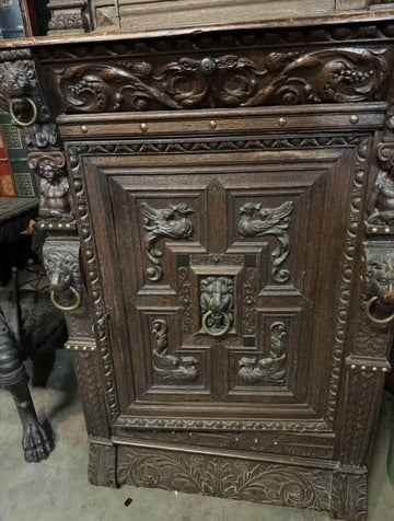 LATE 1800's HEAVILY CARVED GOTHIC DESIGN DARK OAK CABINET