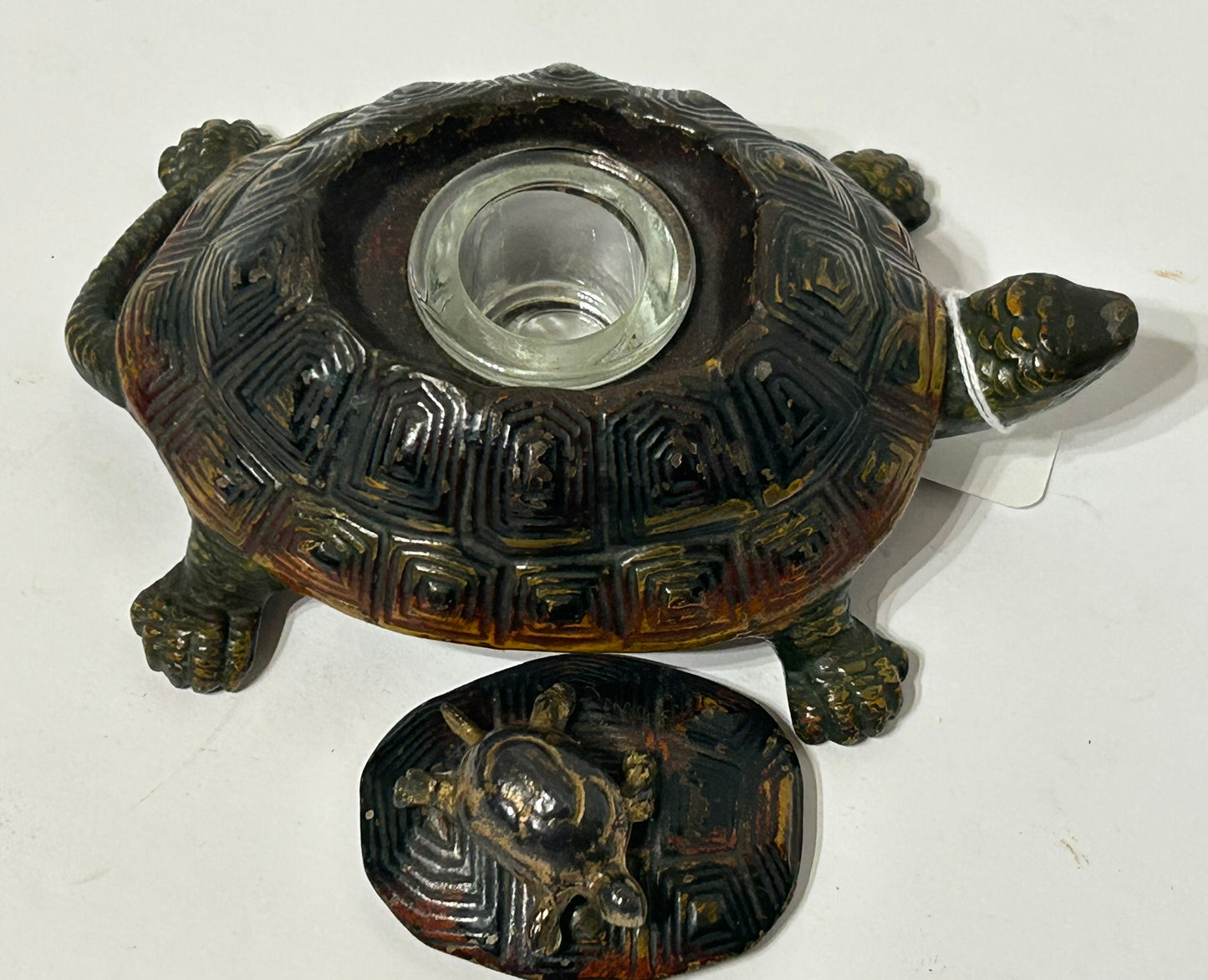 TURTLE WITH BABY CAST IRON ANTIQUE INKWELL