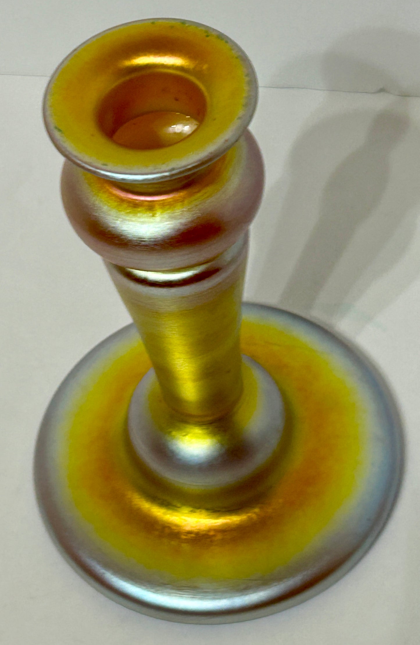 ANTIQUE ART GLASS GOLD IRRIDESCENT CANDLESTICK