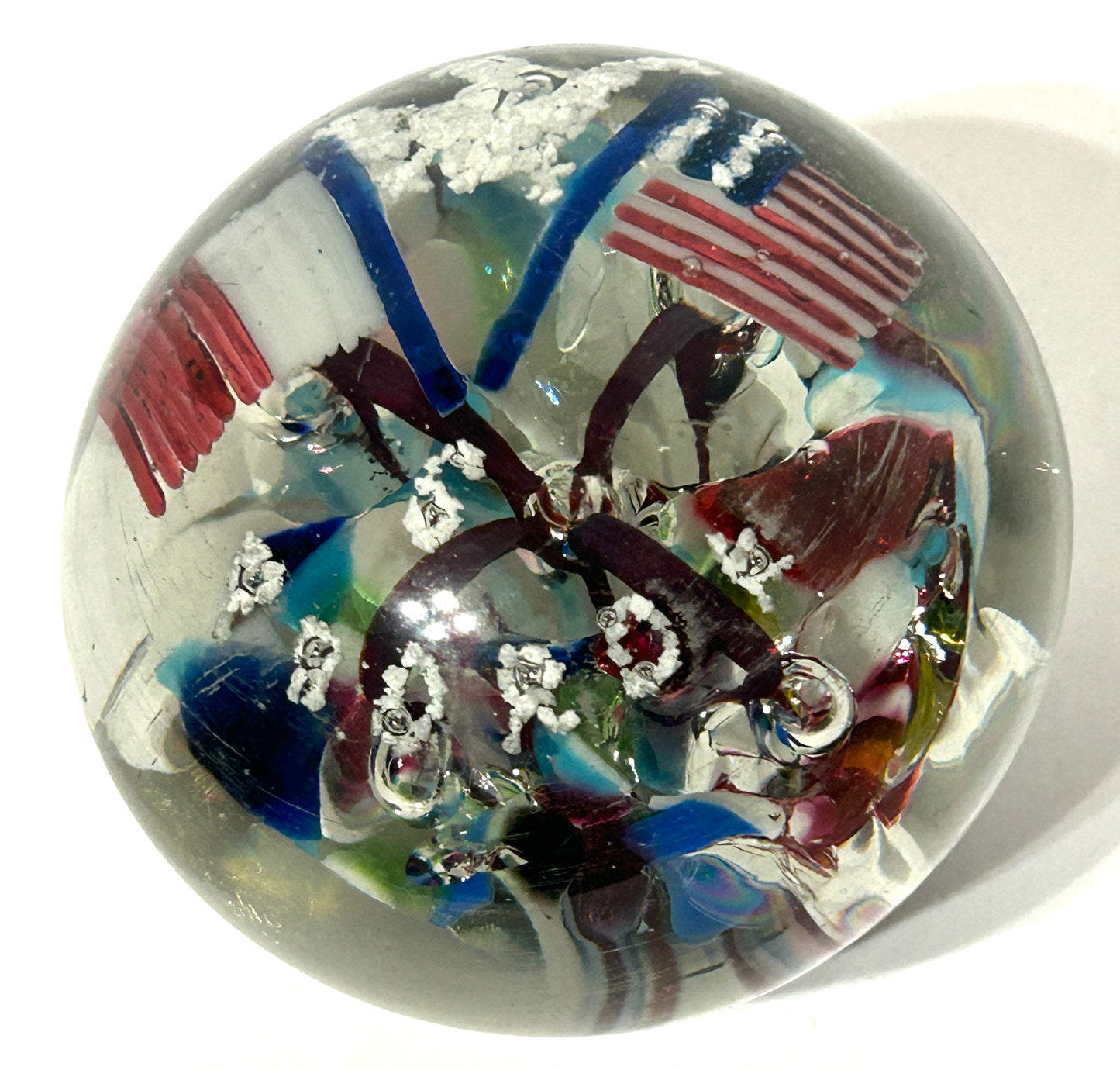 WORLE WAR I ERA GLASS PAPERWEIGHT OR DOOR STOP WITH PATRIOTIC EAGLE AND FLAGS
