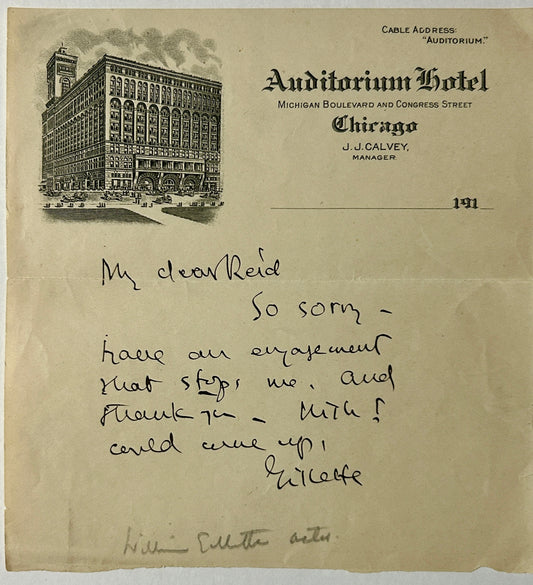 AUTOGRAPHED WILLIAM GILLETTE SHERLOCK HOLMES ACTOR LETTER