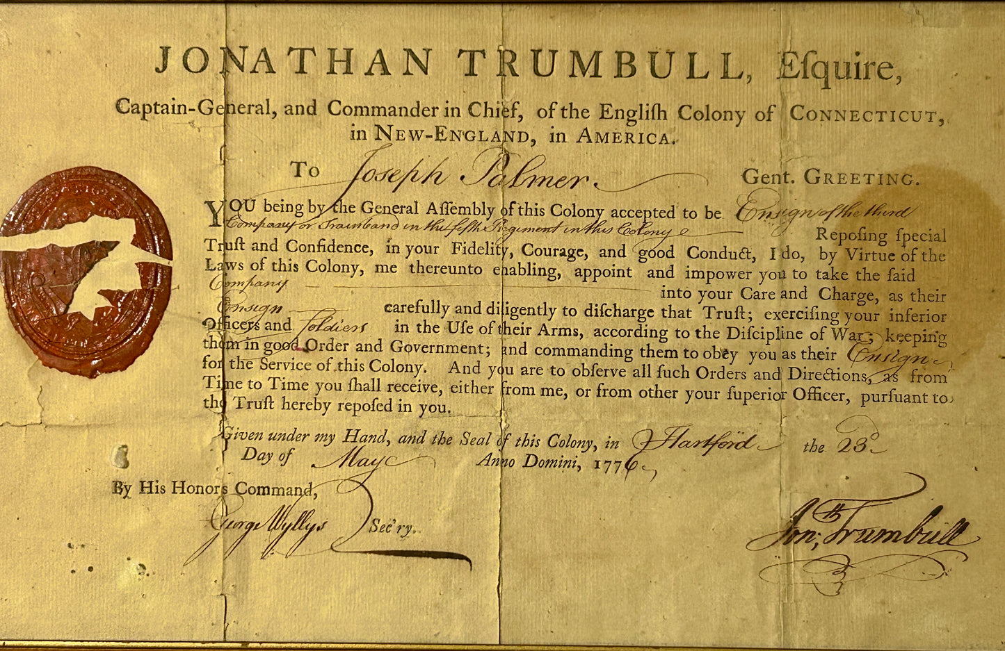 1776 CONNECTICUT SIGNED BY JONATHAN TRUMBLE MILITARY COMMISSION
