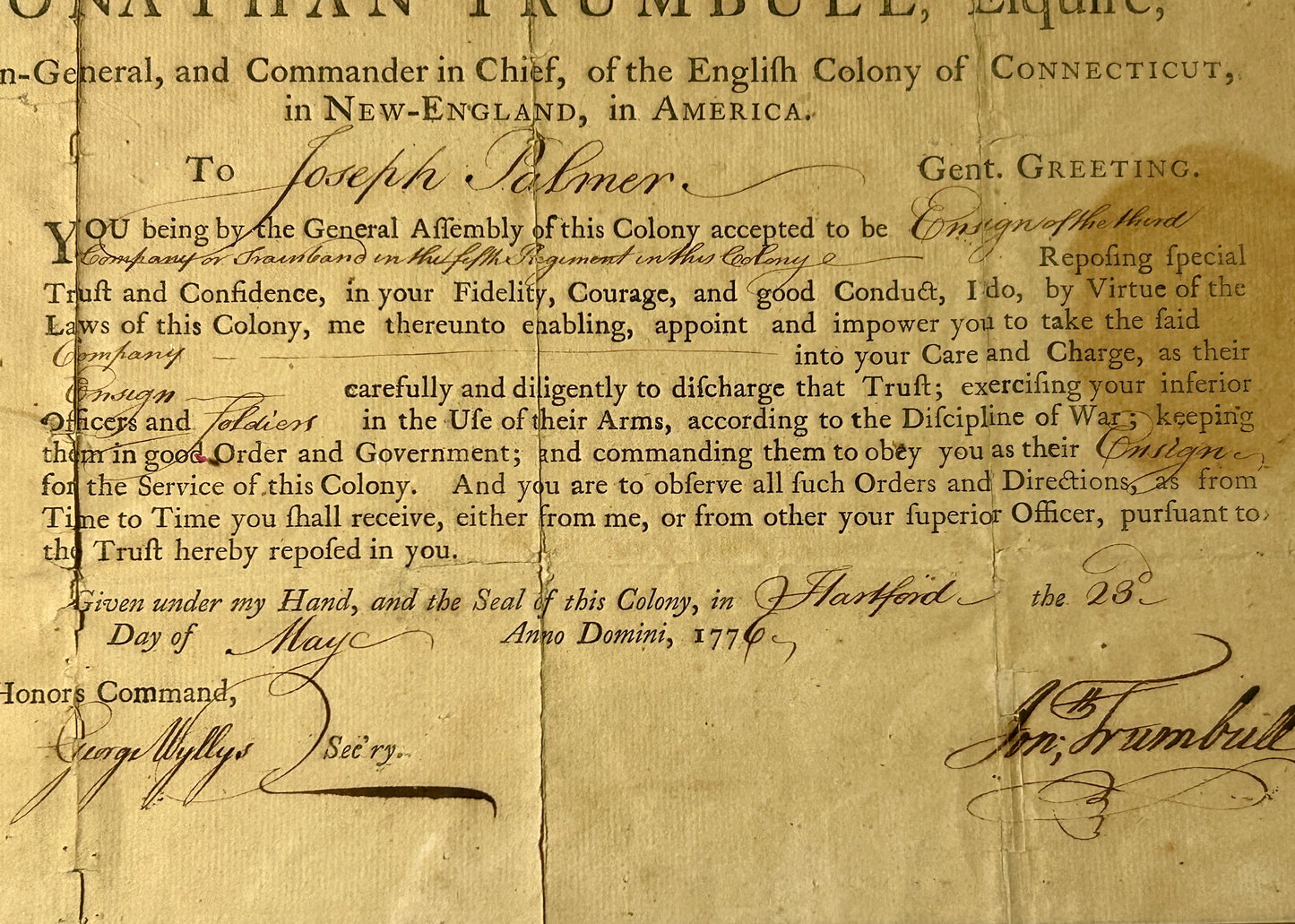1776 CONNECTICUT SIGNED BY JONATHAN TRUMBLE MILITARY COMMISSION