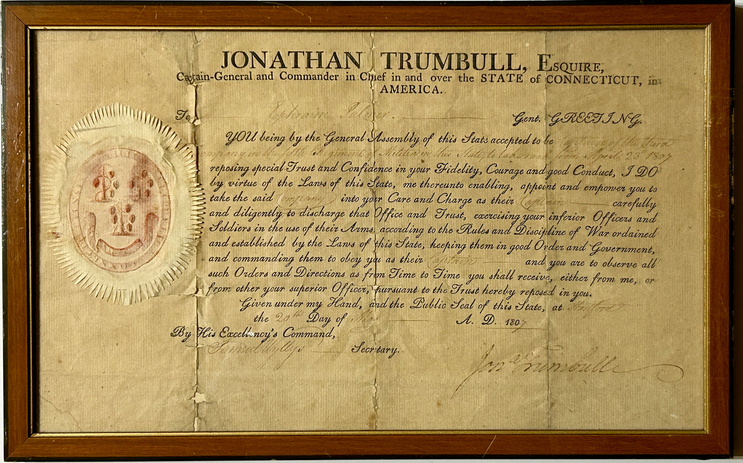 JONATHAN TRUMBLE 1807 CONNECTICUT GOVERNOR SIGNED MILITARY COMMISSION