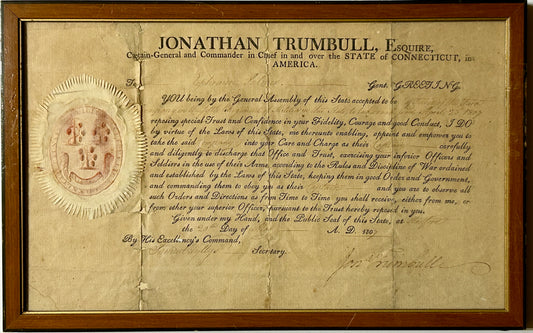 JONATHAN TRUMBLE 1807 CONNECTICUT GOVERNOR SIGNED MILITARY COMMISSION