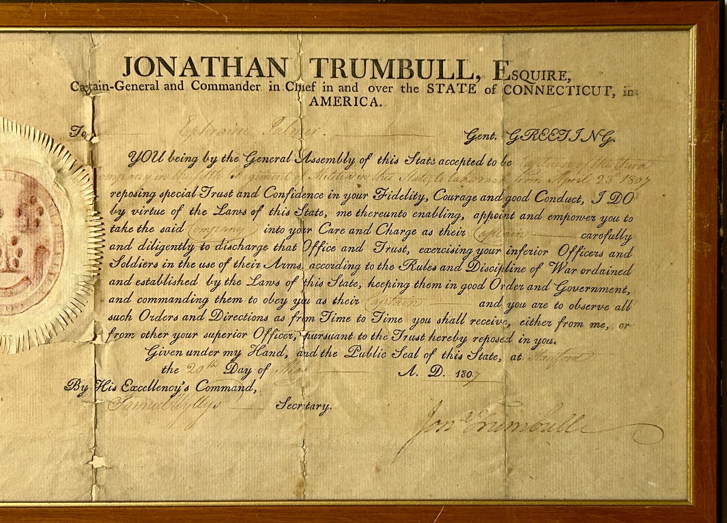JONATHAN TRUMBLE 1807 CONNECTICUT GOVERNOR SIGNED MILITARY COMMISSION