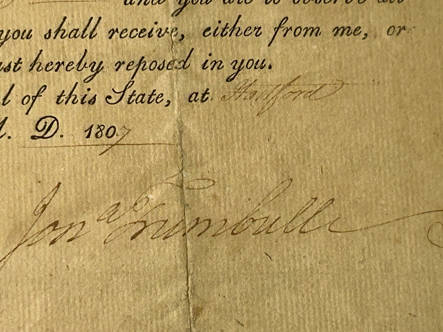JONATHAN TRUMBLE 1807 CONNECTICUT GOVERNOR SIGNED MILITARY COMMISSION