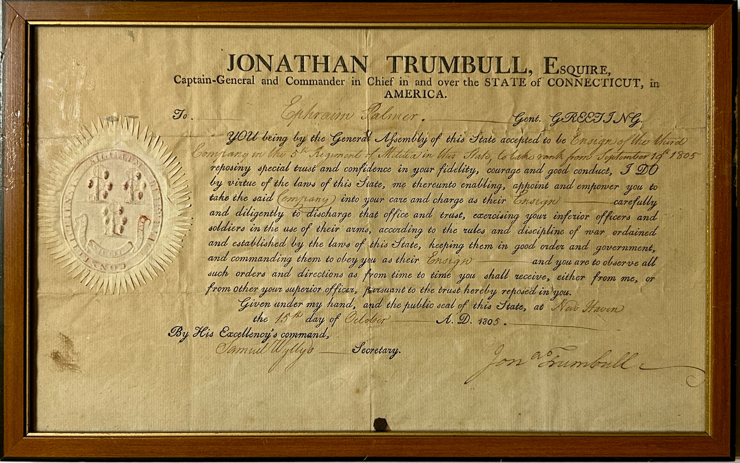 1805 JONATHAN TRUMBLE CONNECTICUT GOVERNOR SIGNED MILITARY COMMISSION FOR ENSIGN