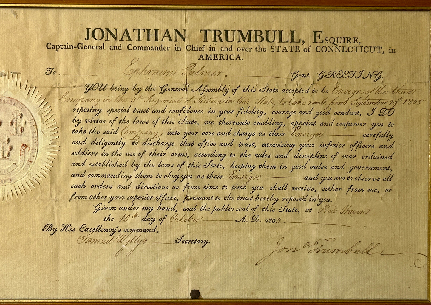 1805 JONATHAN TRUMBLE CONNECTICUT GOVERNOR SIGNED MILITARY COMMISSION FOR ENSIGN