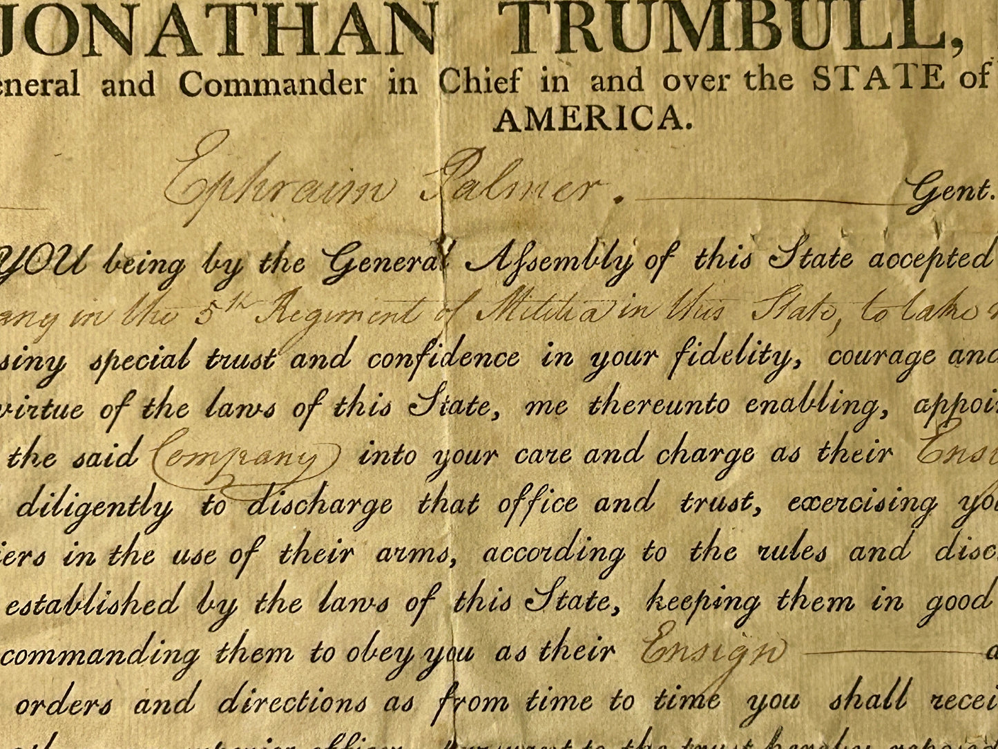 1805 JONATHAN TRUMBLE CONNECTICUT GOVERNOR SIGNED MILITARY COMMISSION FOR ENSIGN