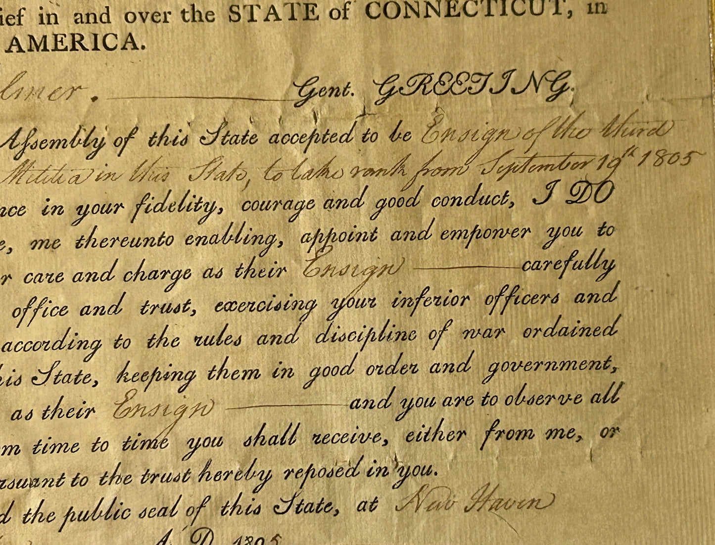 1805 JONATHAN TRUMBLE CONNECTICUT GOVERNOR SIGNED MILITARY COMMISSION FOR ENSIGN