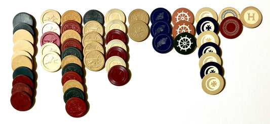 ANTIQUE CLAY POKER CHIPS WITH DECORATIONS