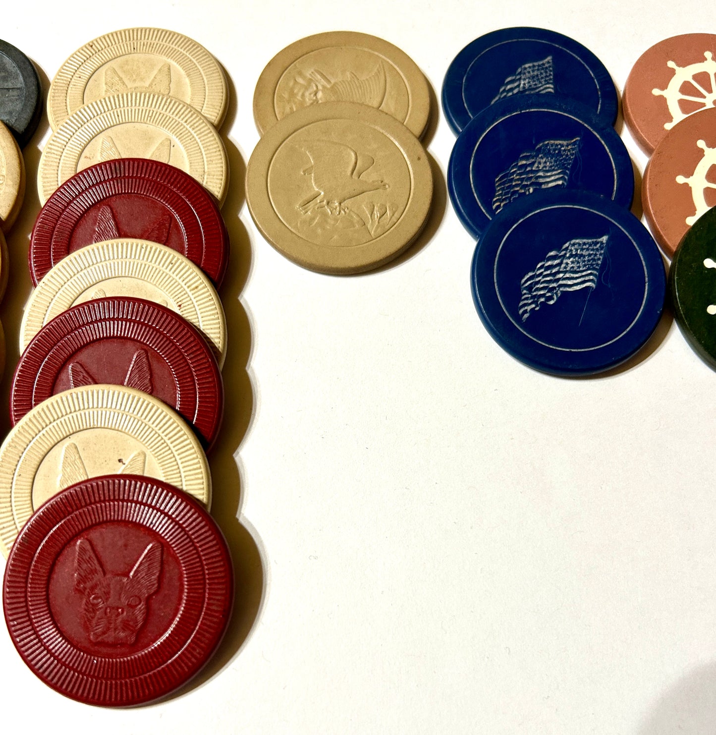 ANTIQUE CLAY POKER CHIPS WITH DECORATIONS