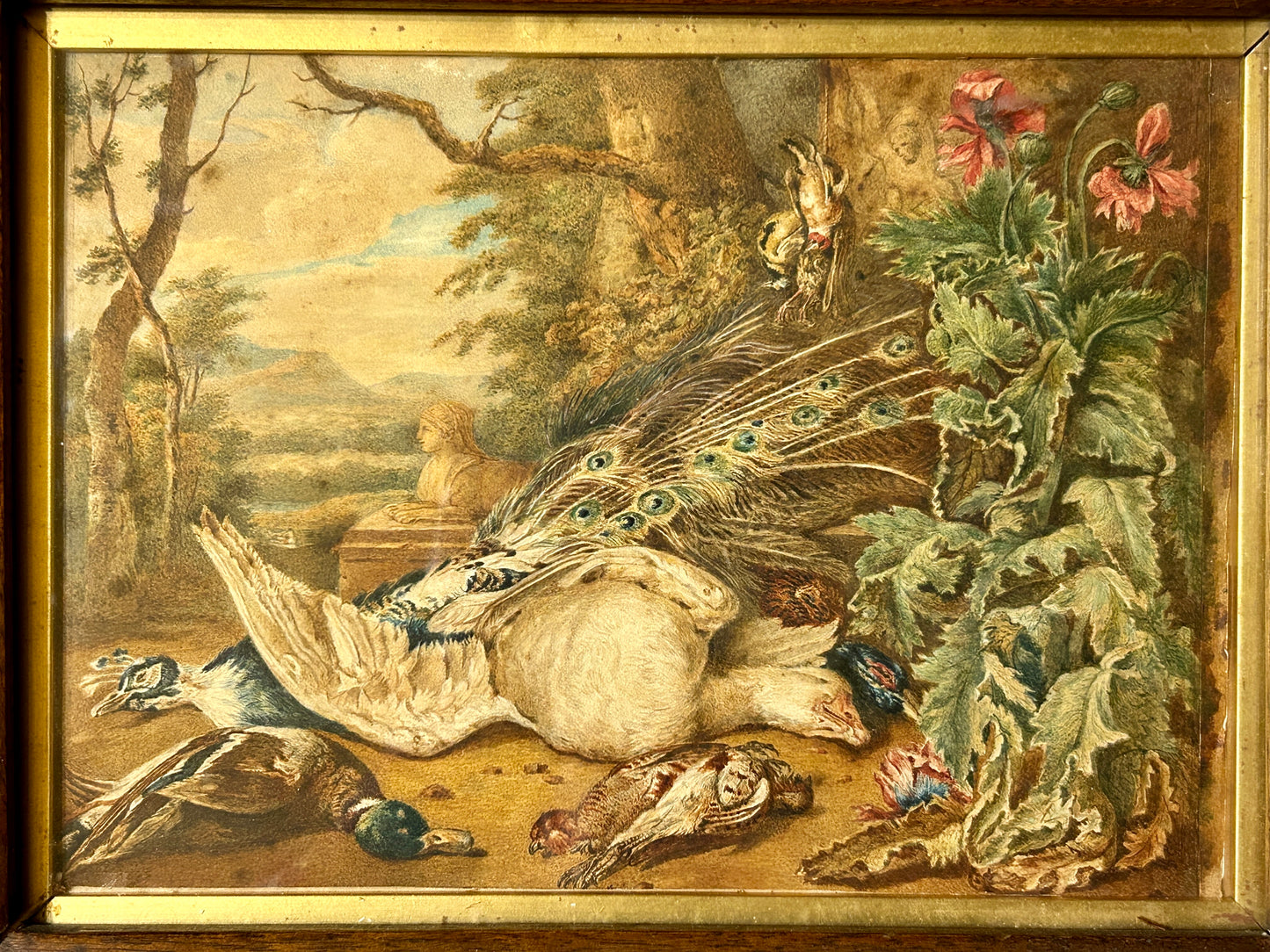 EARLY GAME WATERCOLOR PAINTING MARKED 1828