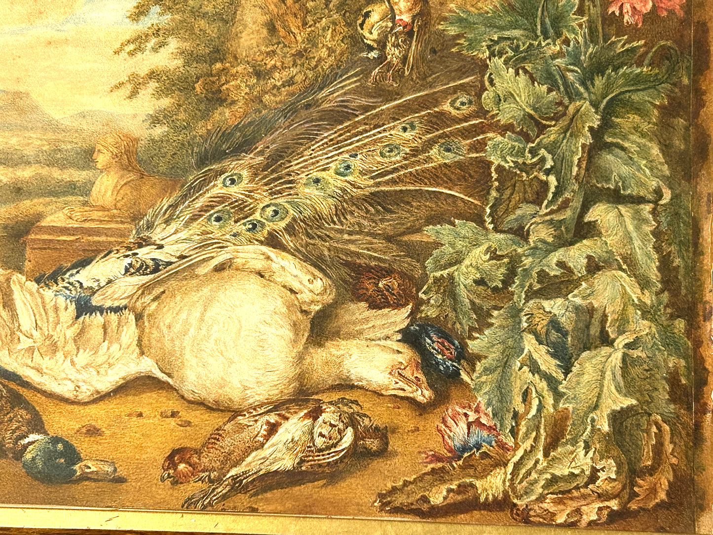 EARLY GAME WATERCOLOR PAINTING MARKED 1828