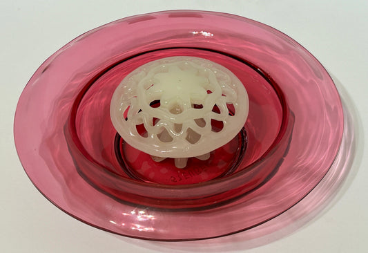 CARTER STEUBEN GLASS SIGNED CENTERPIECE BOWL WITH STEUBEN WHITE FLOWER FROG
