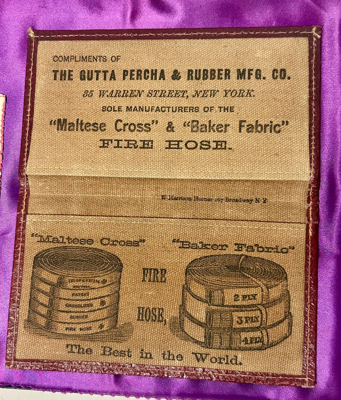 FIREMAN ANTIQUE  CLOTH FIRE HOSE ADVERTISING WALLET AND FIREMAN'S BALL PROGRAM