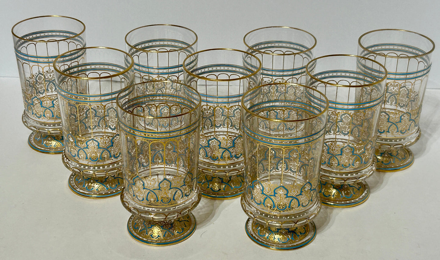 LOBMEYR VIENNA AUSTRIA GLASS FOOTED PERSIAN MOTIF ENAMELED SET OF TUMBLERS