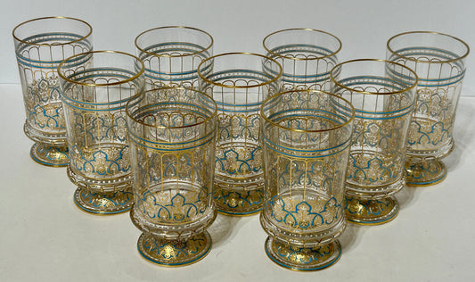 LOBMEYR VIENNA AUSTRIA GLASS FOOTED PERSIAN MOTIF ENAMELED SET OF TUMBLERS