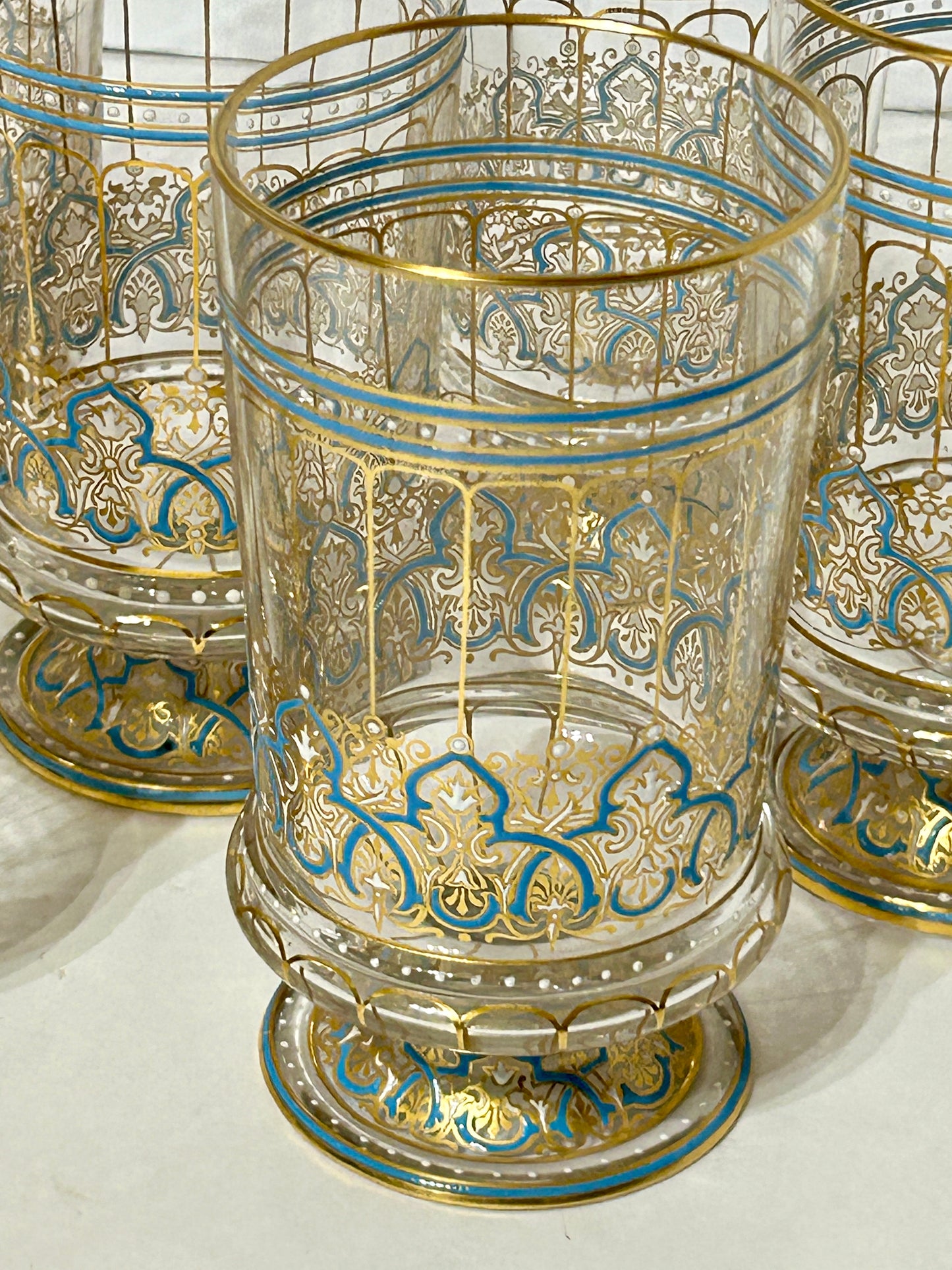 LOBMEYR VIENNA AUSTRIA GLASS FOOTED PERSIAN MOTIF ENAMELED SET OF TUMBLERS