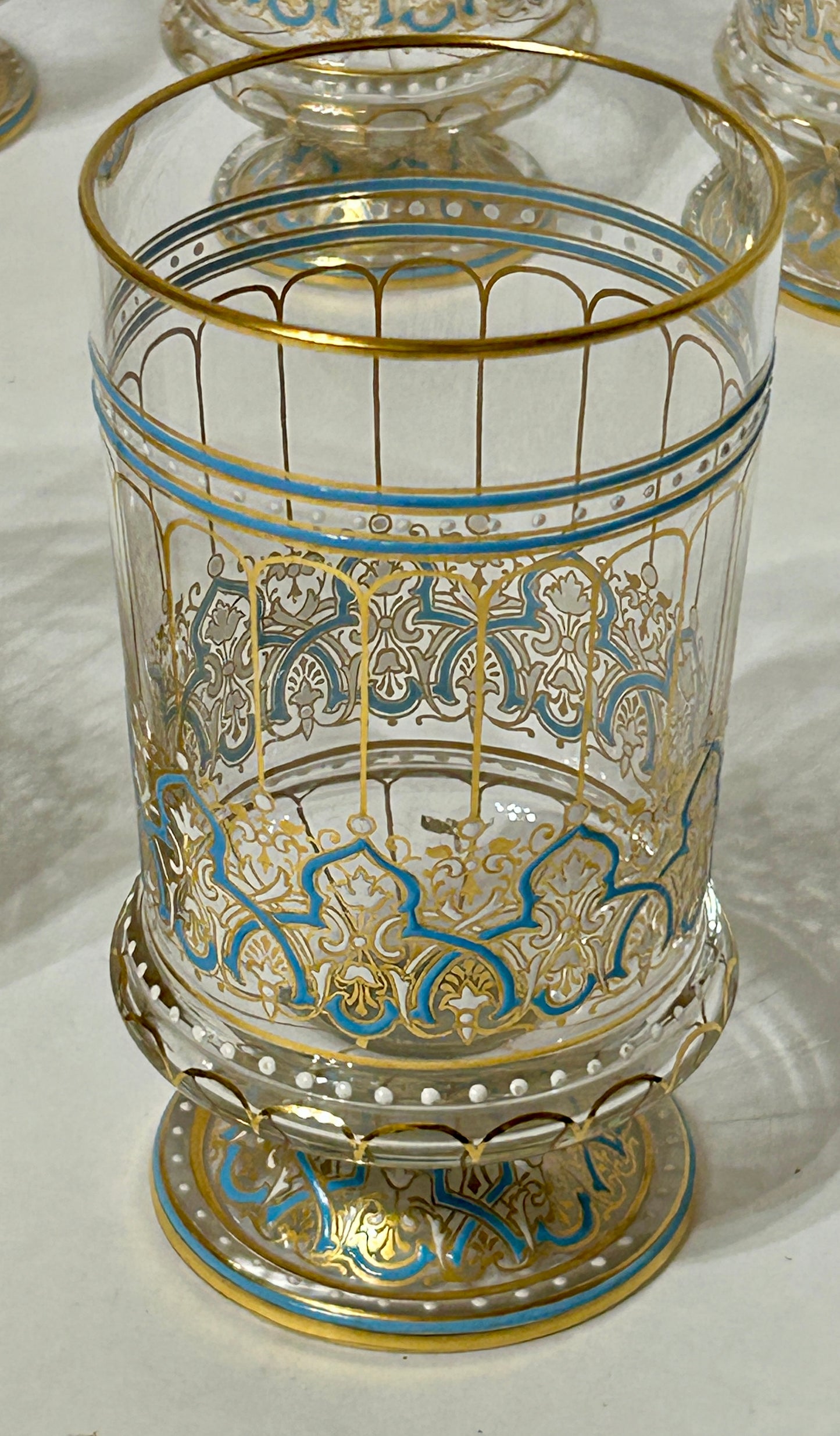 LOBMEYR VIENNA AUSTRIA GLASS FOOTED PERSIAN MOTIF ENAMELED SET OF TUMBLERS