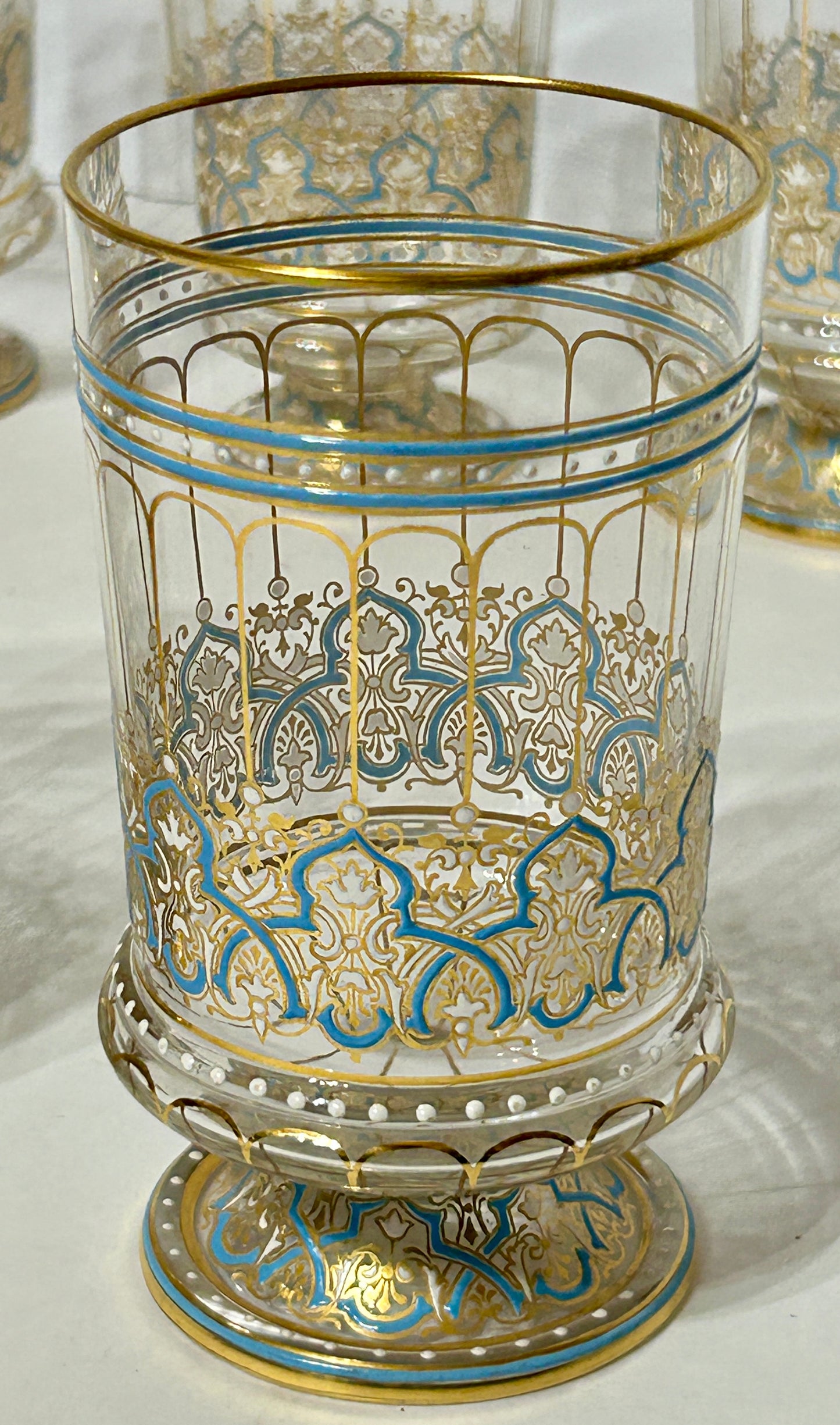 LOBMEYR VIENNA AUSTRIA GLASS FOOTED PERSIAN MOTIF ENAMELED SET OF TUMBLERS
